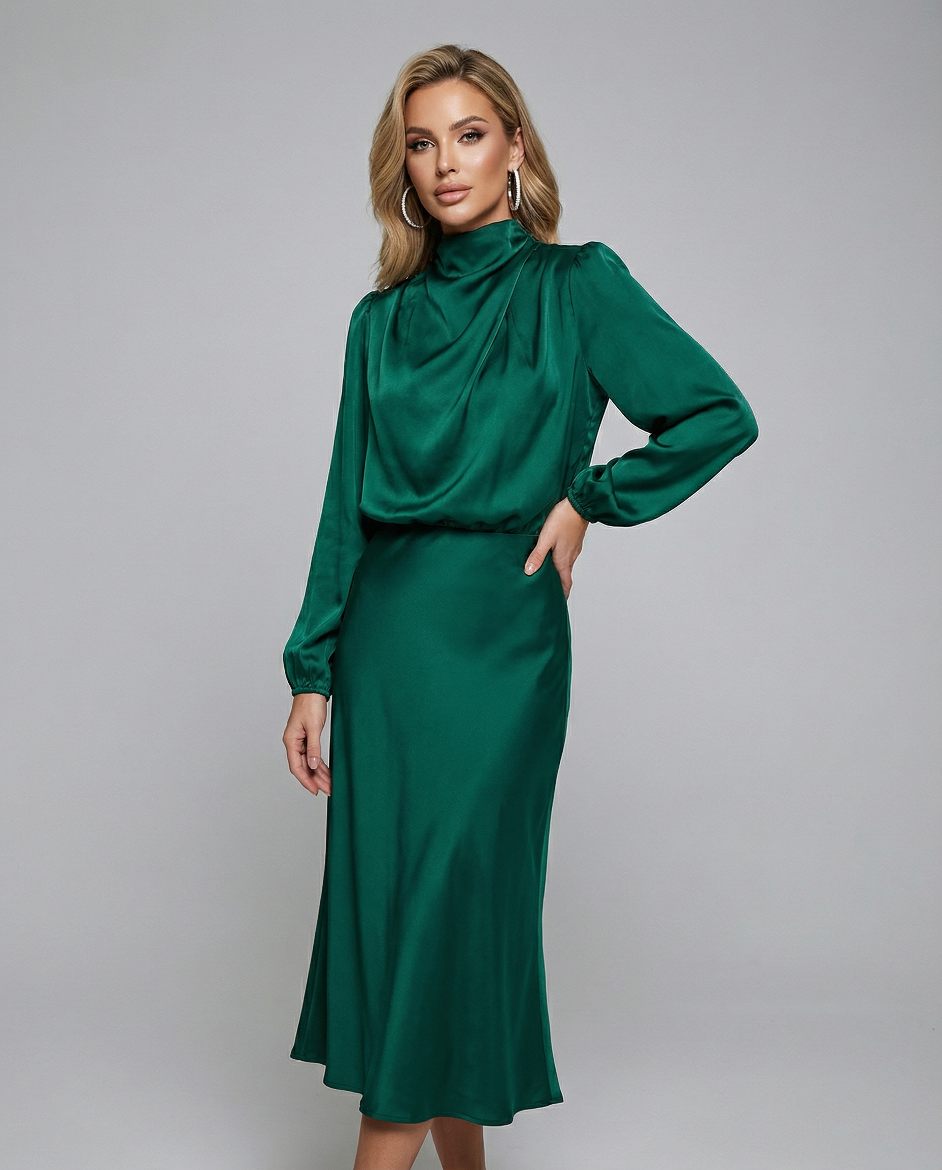 Deep green long-sleeve satin midi dress with high neck and slim, draped skirt