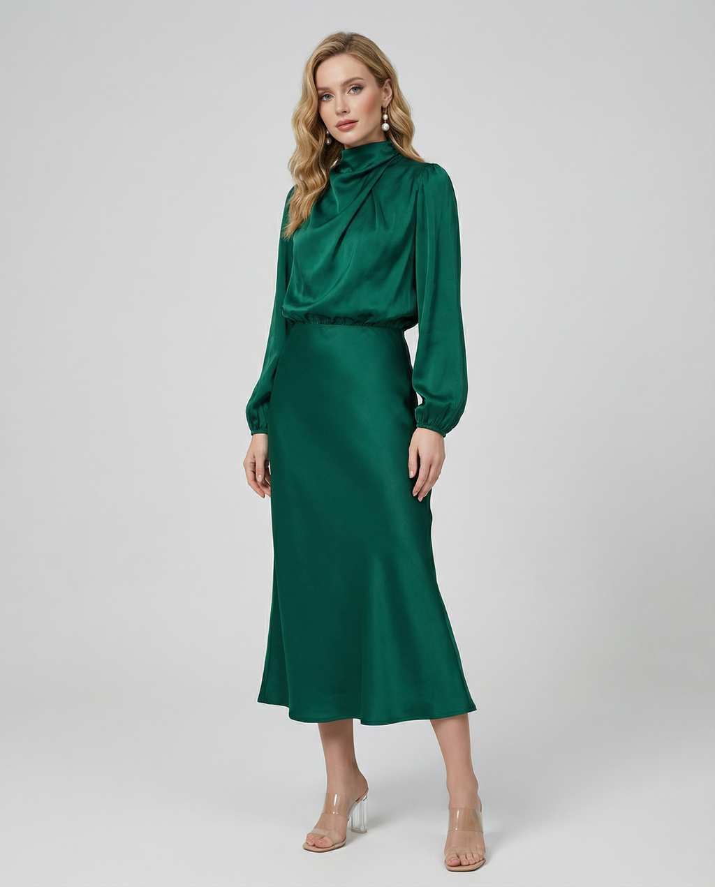 Emerald green long-sleeve satin midi dress with high neck and fitted skirt