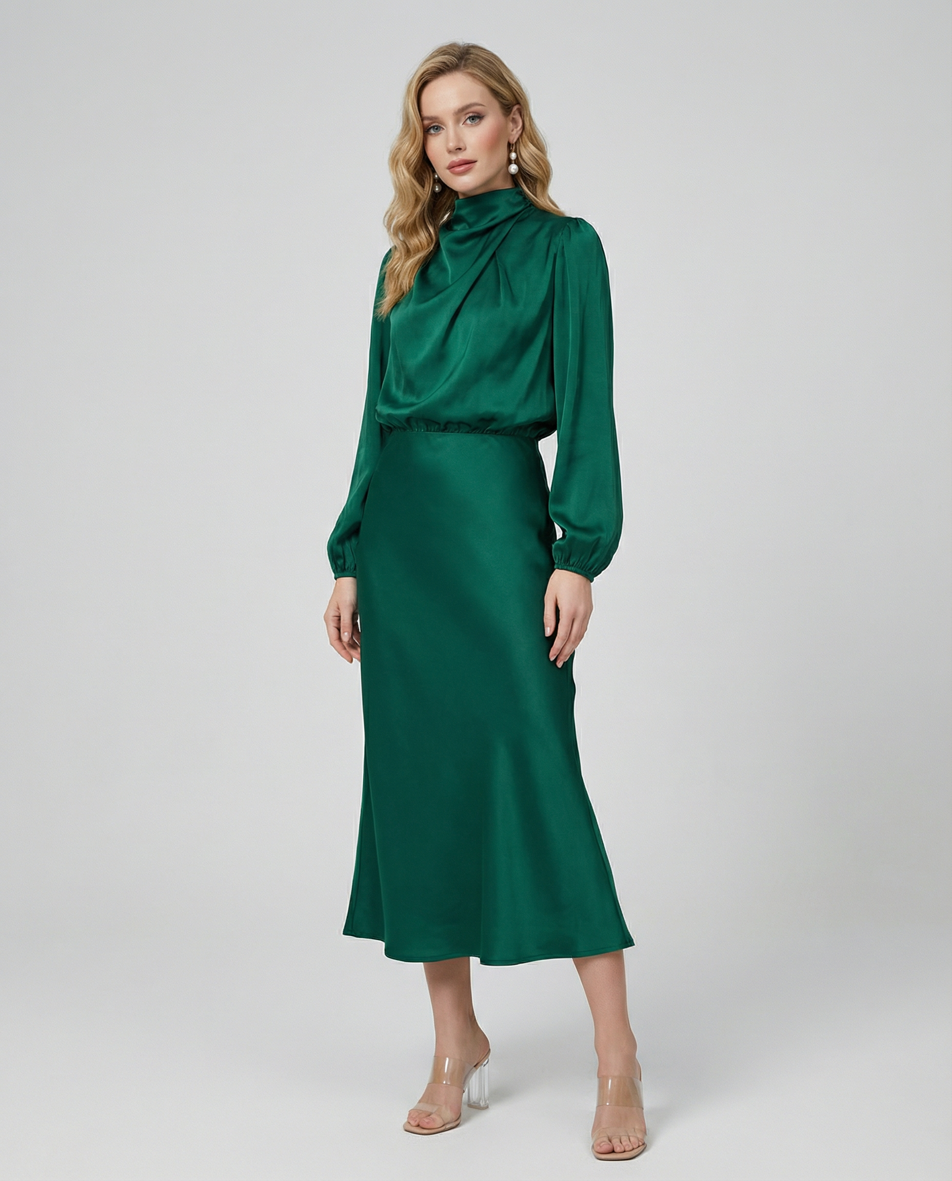 Emerald green long-sleeve satin midi dress with high neck and fitted skirt