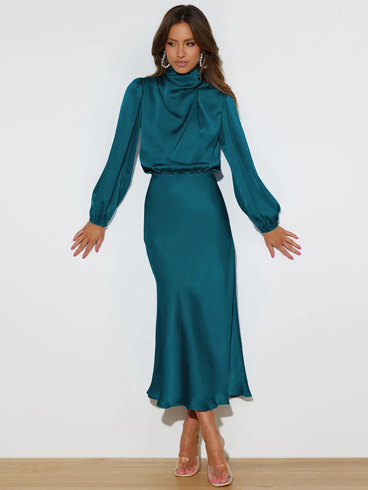 Teal long-sleeve satin midi dress with high neck and curved waist seam