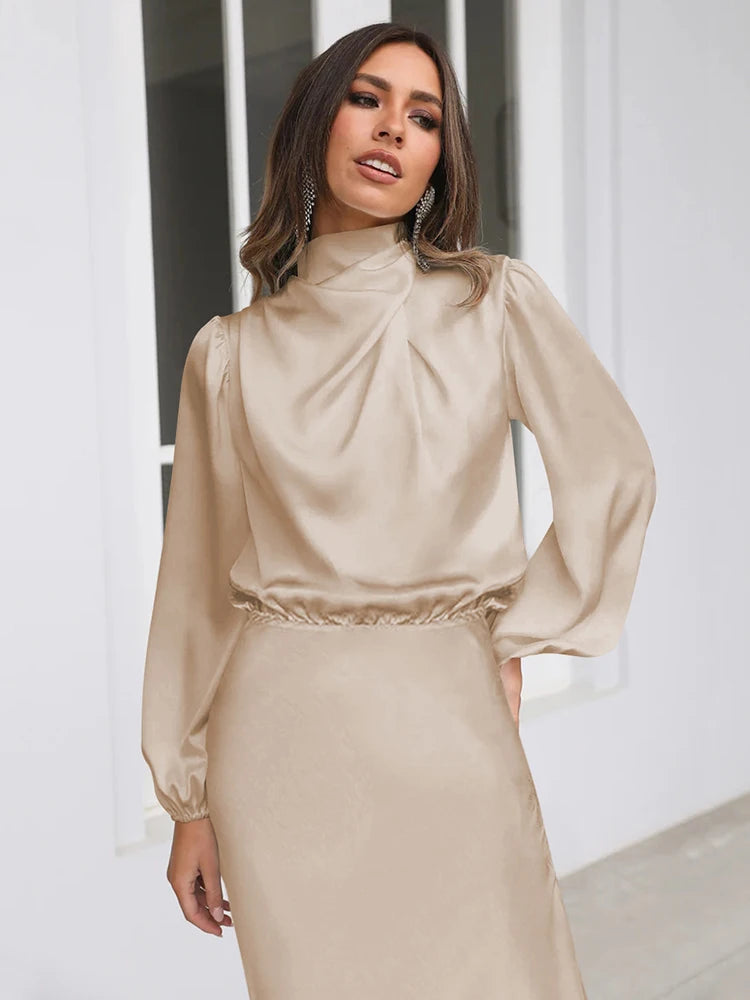 Beige long-sleeve satin midi dress with high neck and gathered waist