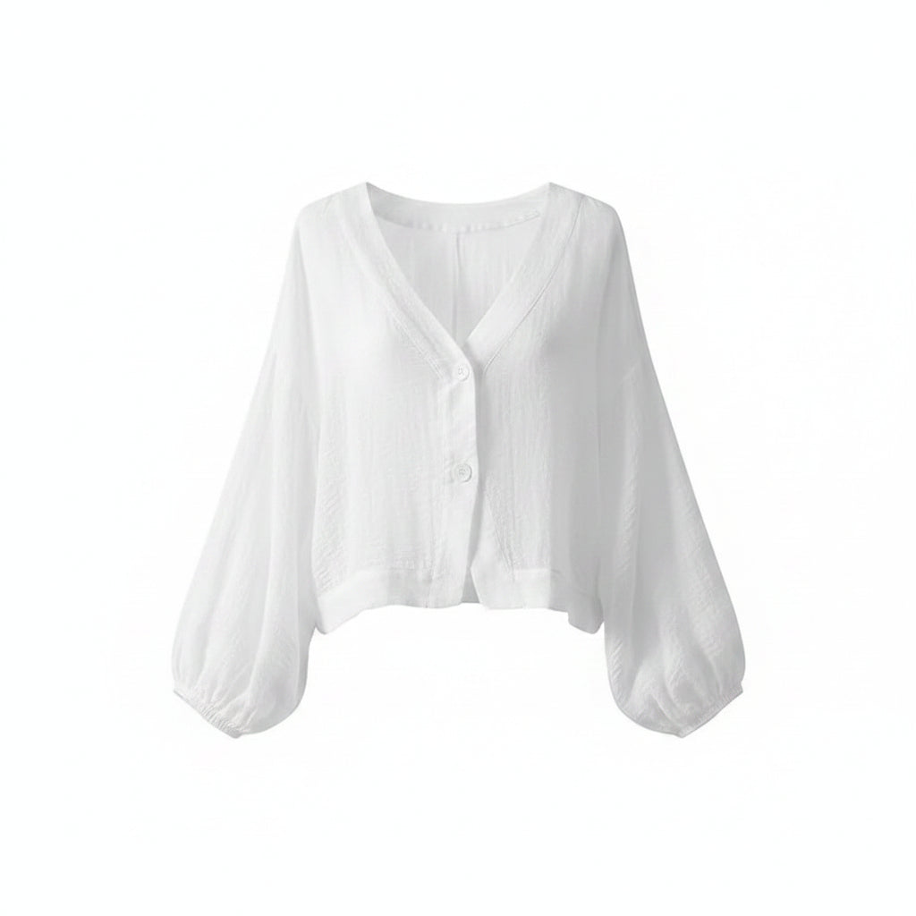 White linen blouse with V-neck, button front, loose wide sleeves