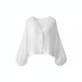 White linen blouse with V-neck, button front, loose wide sleeves