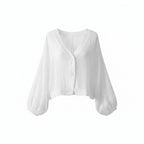 White linen blouse with V-neck, button front, loose wide sleeves