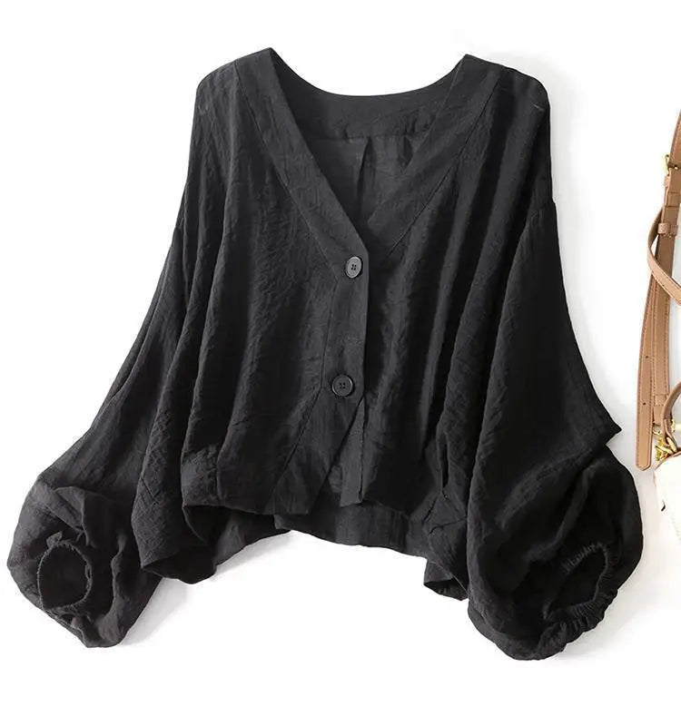 Black linen blouse with V-neck, button front, loose batwing sleeves