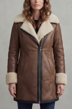 Brown leather winter coat with shearling collar and zip front, front view