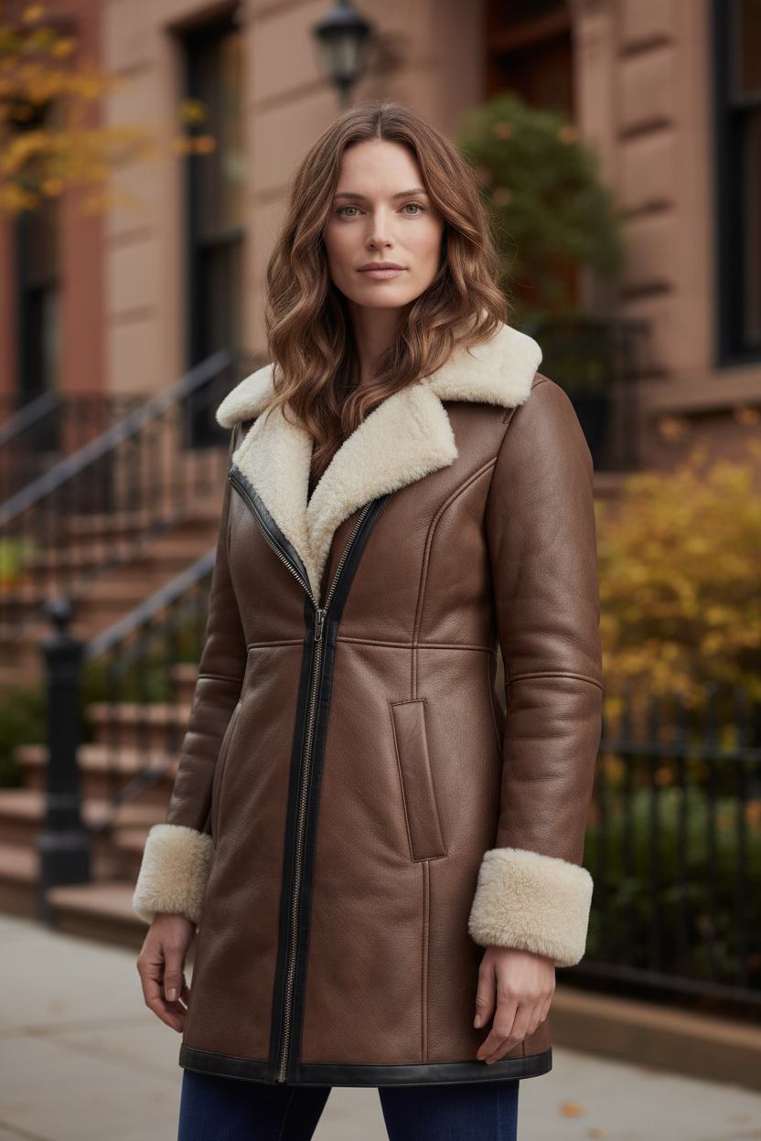 Brown leather winter coat with shearling collar, zip front and cuff trim