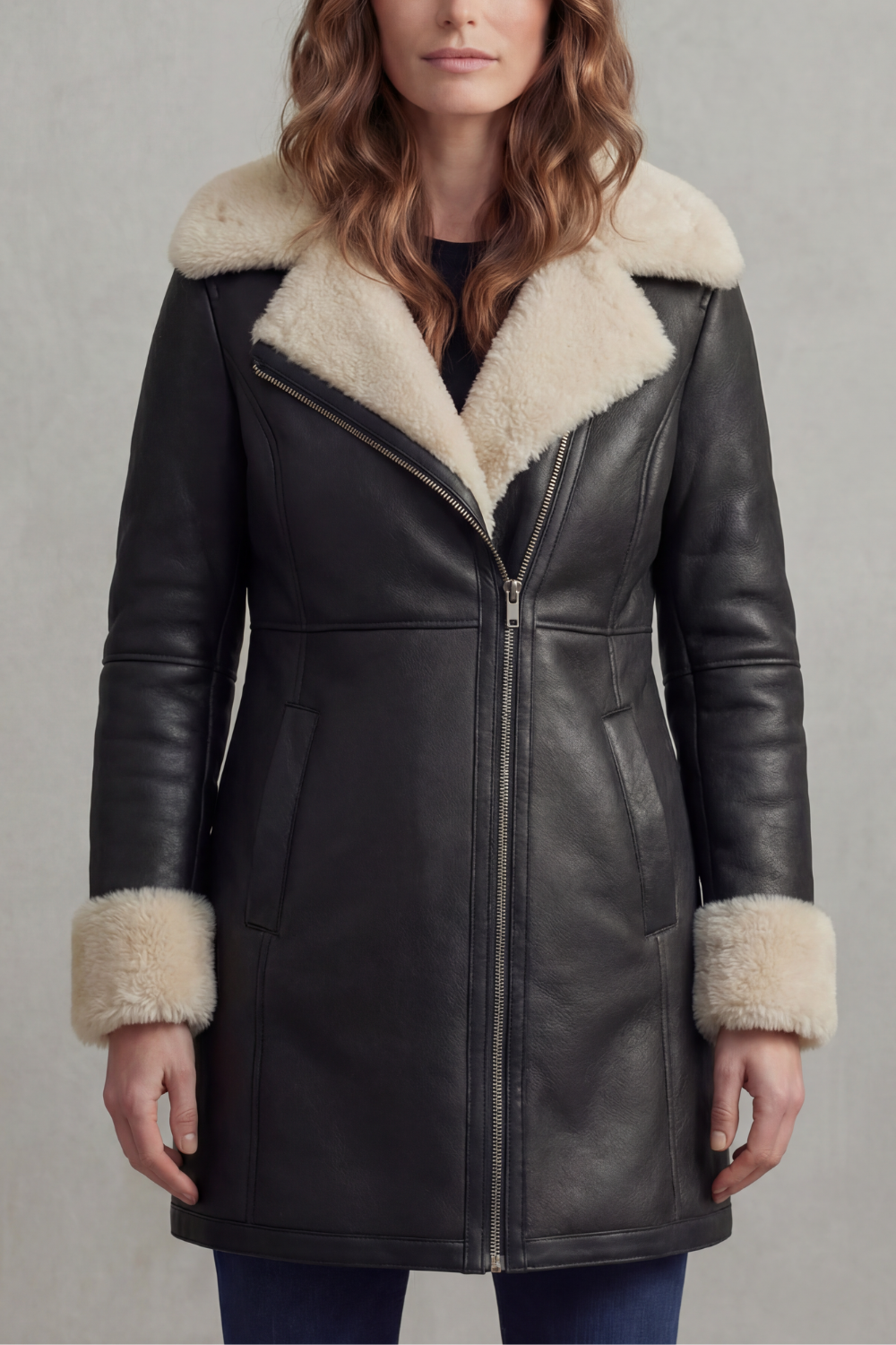 Black leather winter coat with shearling collar and zip front, front view