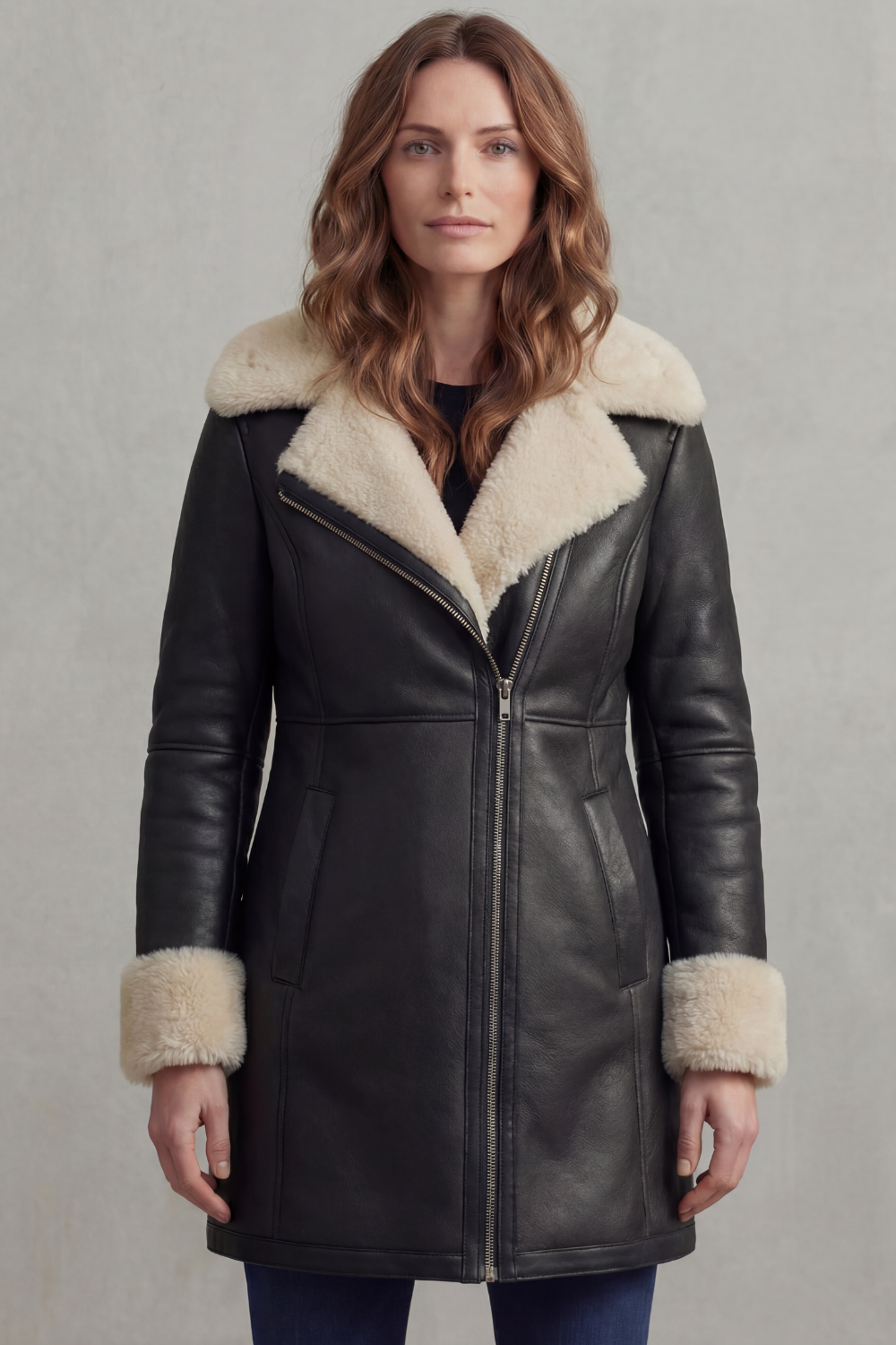 Black leather winter coat with shearling collar, zip front and plush cuff trim