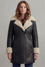 Black leather winter coat with shearling collar, zip front and plush cuff trim
