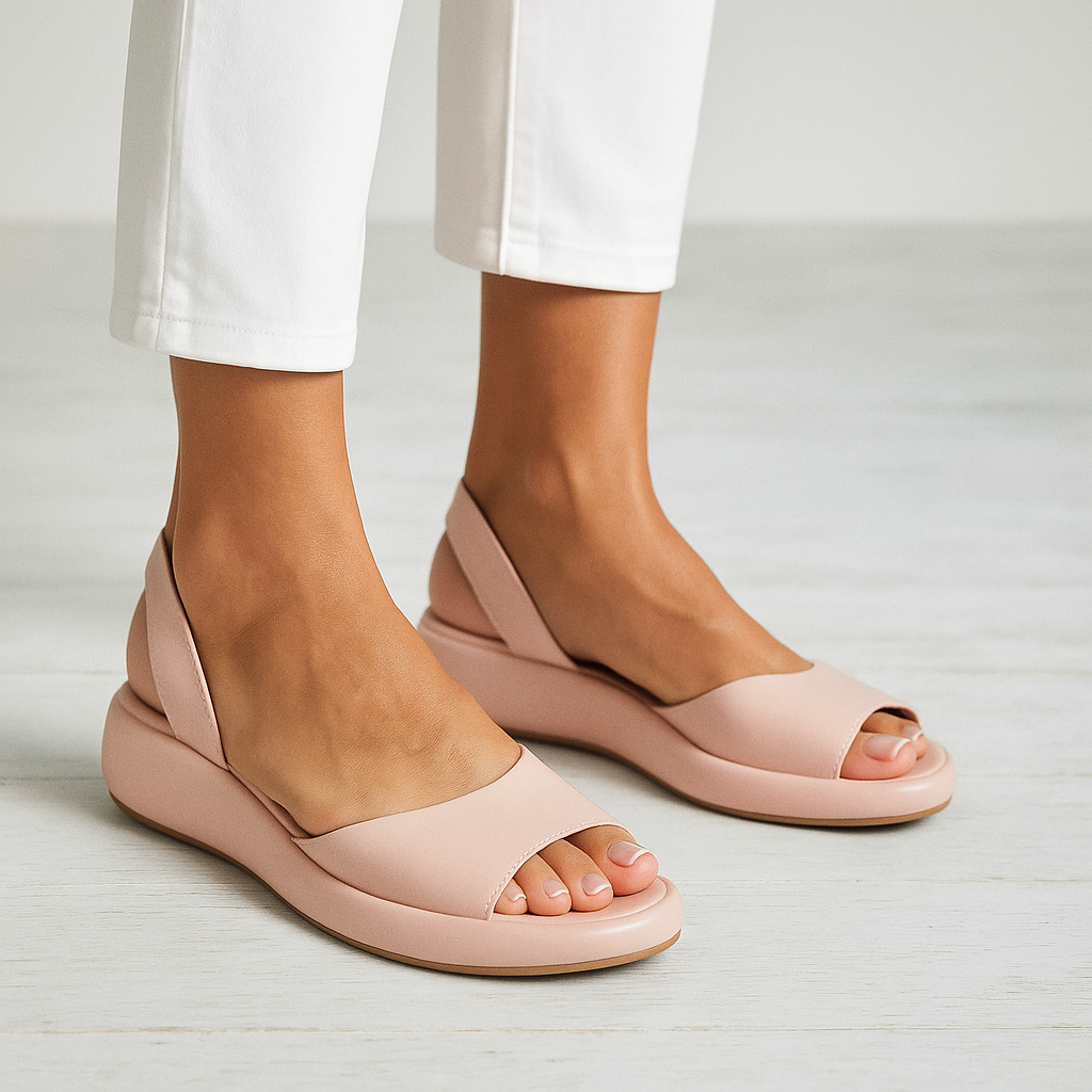 Women’s minimalist comfort sandals in dusty pink, cross-strap design and platform sole
