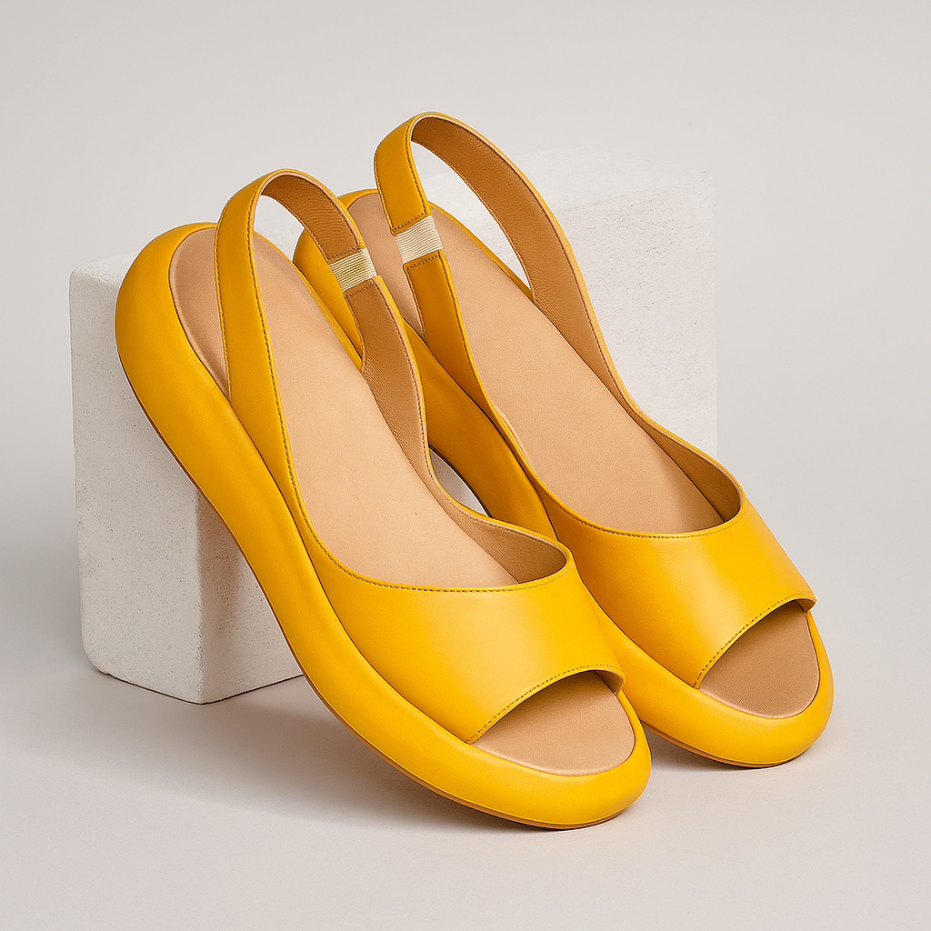 Women’s minimalist comfort sandals in bright yellow, open toe, slingback straps
