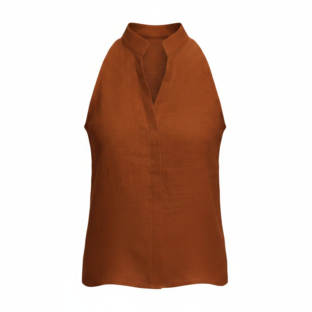 Women's sleeveless linen-blend blouse in rust-orange, button-front split neckline