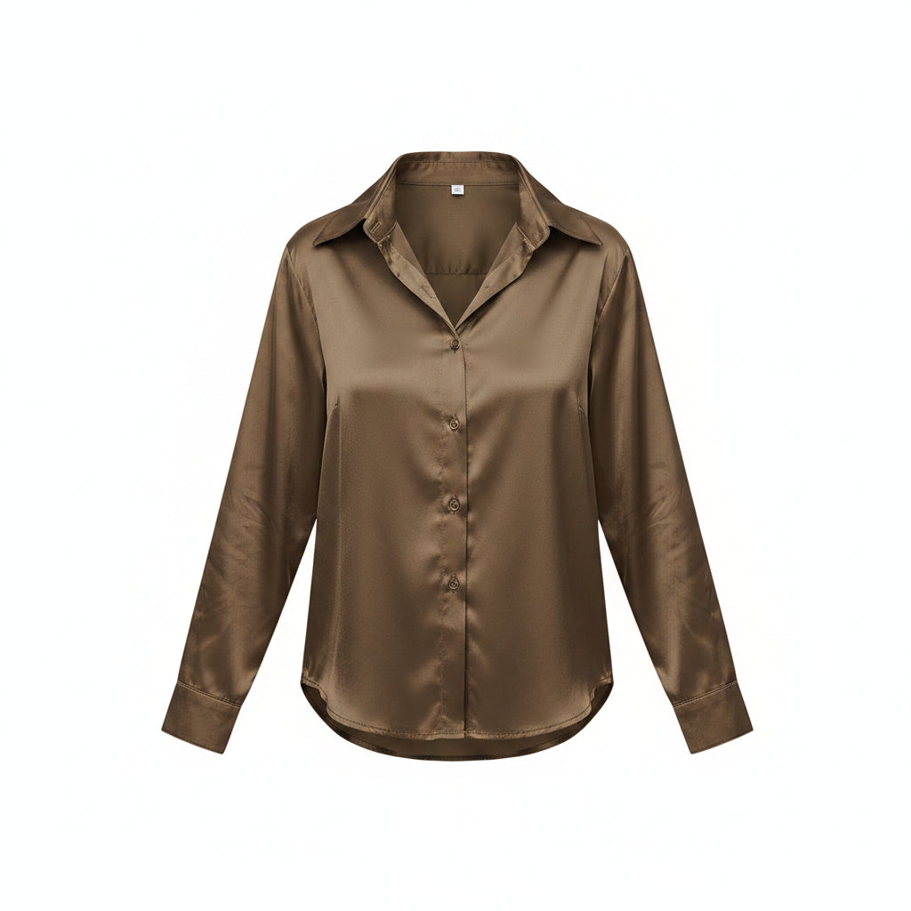 Silk button-up shirt in bronze with V-neck and front buttons