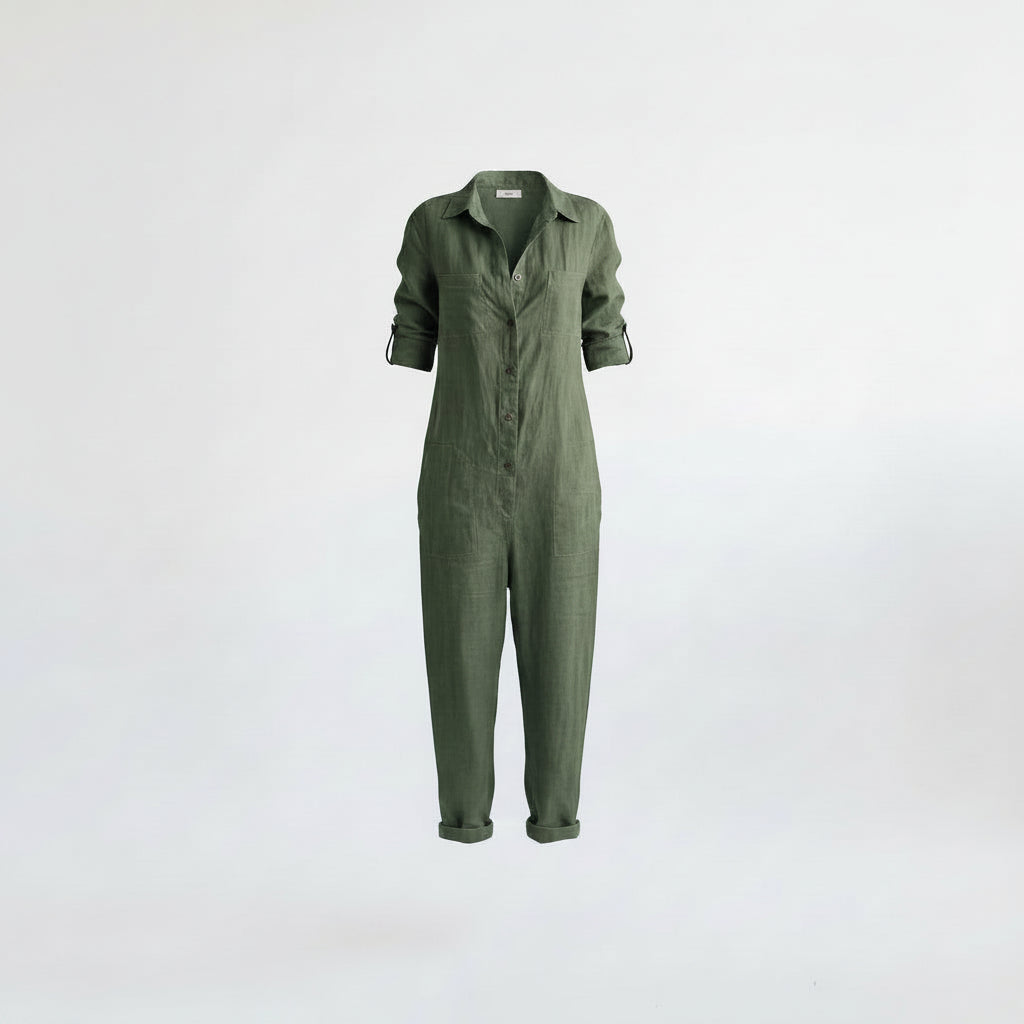 Green linen jumpsuit with button front, V-neck collar, long sleeves, and tapered legs