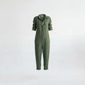 Green linen jumpsuit with button front, V-neck collar, long sleeves, and tapered legs