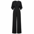 Black viscose jumpsuit with V-neck, wide-leg pants, and tie waist