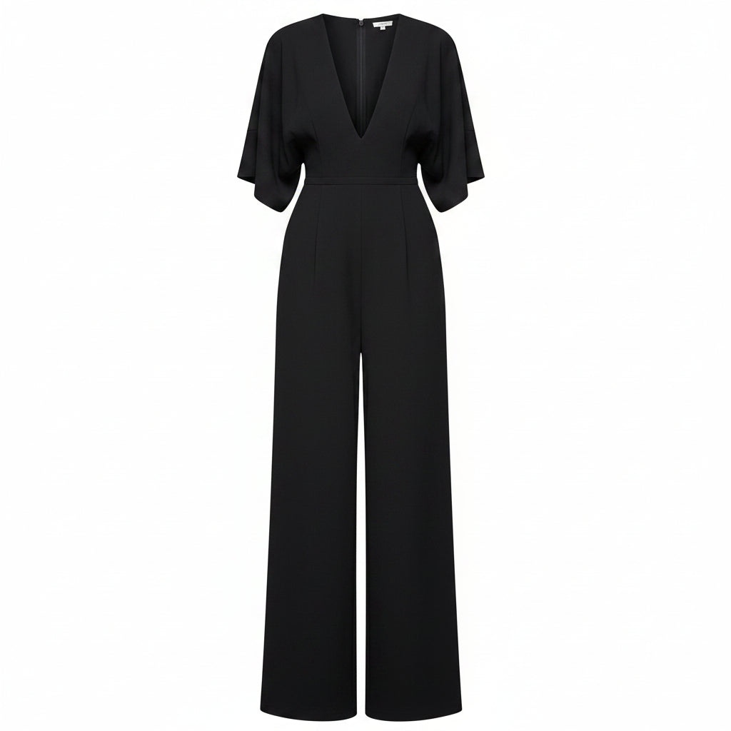 Black viscose jumpsuit with V-neck, wide-leg pants, and tie waist