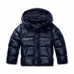 Women's navy hooded puffer jacket, quilted design, full-zip front, front view