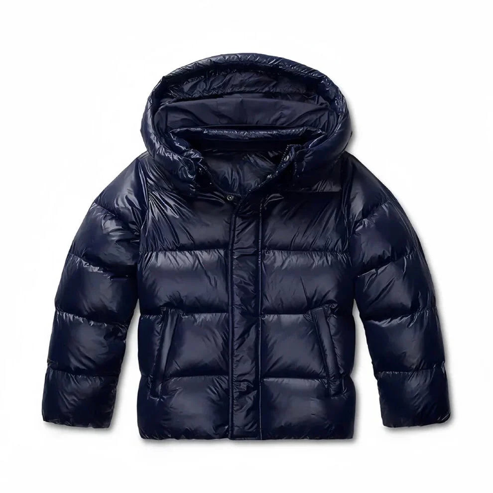 Women's navy hooded puffer jacket, quilted design, full-zip front, front view