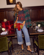 Women's plaid blazer with padded shoulders, teal green and red multi, open front
