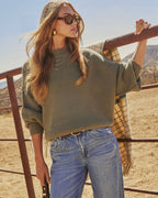 Olive green oversized knit pullover sweater with long sleeves and ribbed crew neck