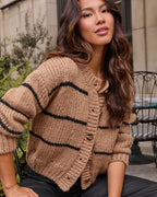 Camel button-down cardigan with black stripe knit and gold-tone front buttons