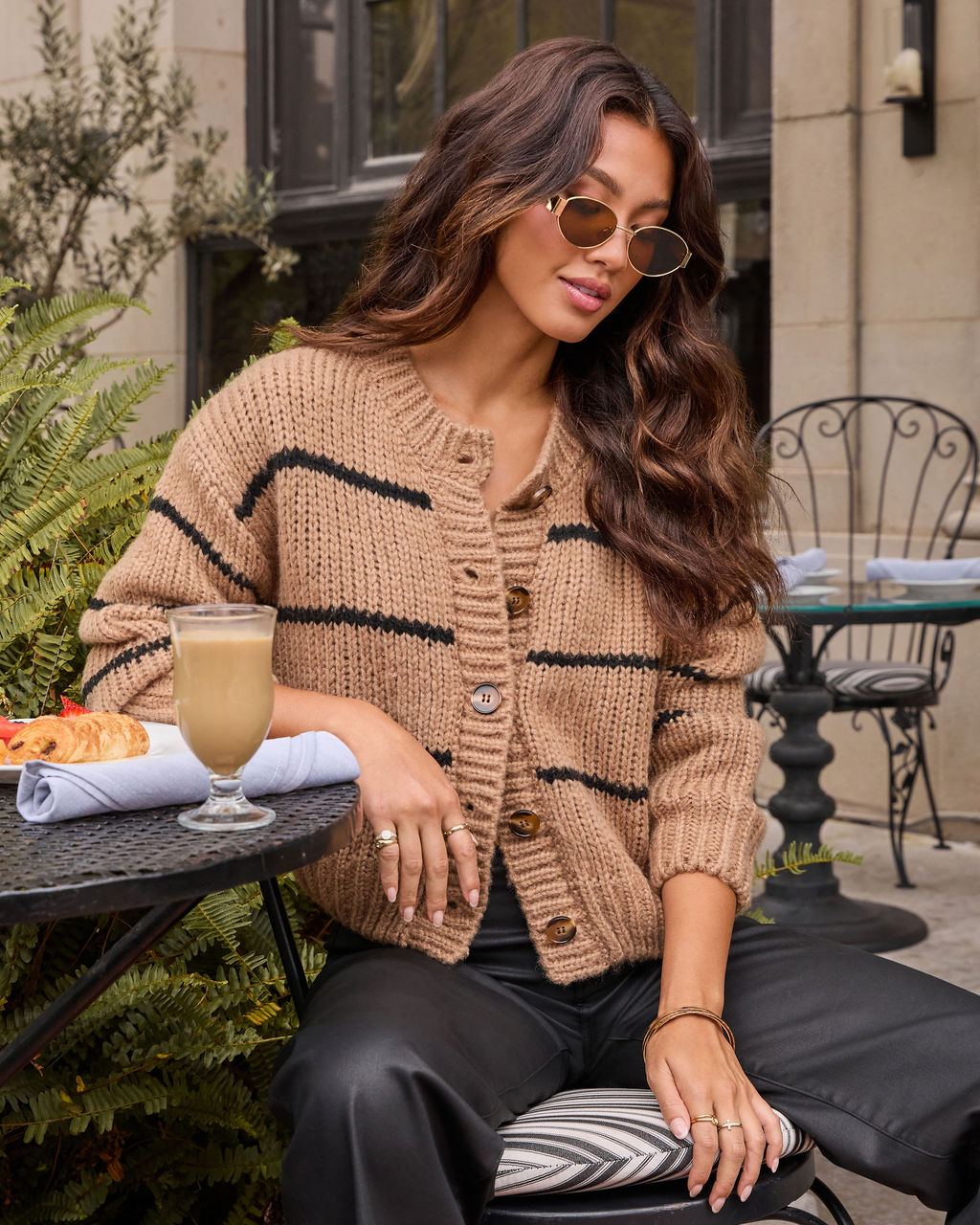 Camel button-down knit cardigan sweater with black stripe bands and button front