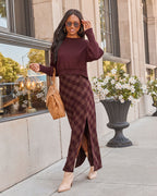 Cropped crewneck knit sweater in burgundy with ribbed neckline and cuffs