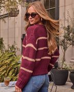 Clement button-down cardigan, burgundy knit with cream stripe bands across sleeves and back