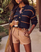 Clement button-down cardigan, dark navy with camel and orange stripes and gold button placket