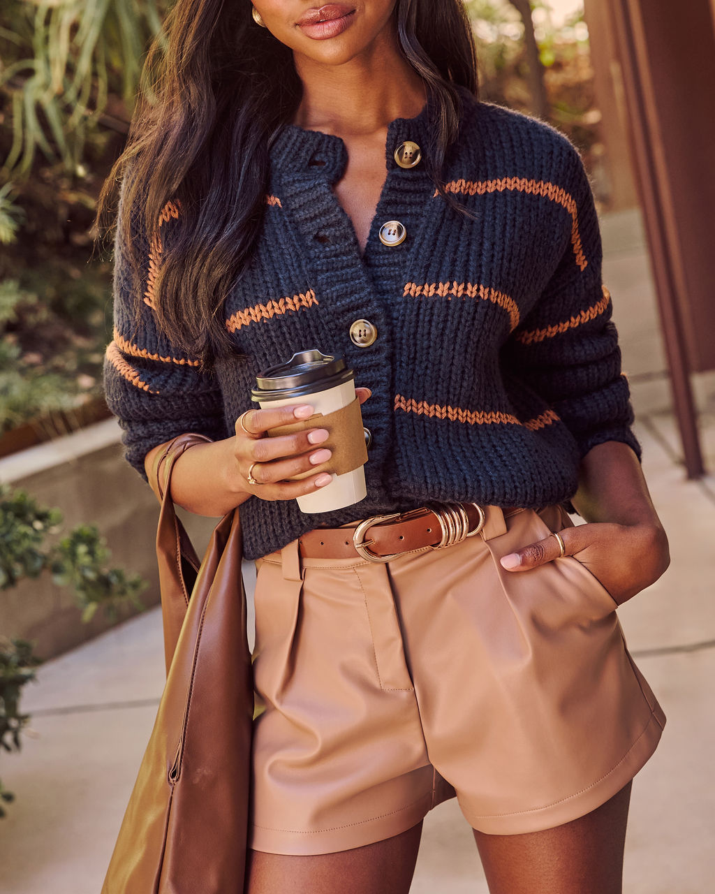 Clement button-down cardigan, dark navy textured knit with camel and orange stripe bands