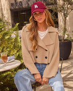 Khaki cropped knit double-breasted jacket with button closure and fold-over collar