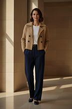 Cropped khaki knit trench jacket with double-breasted buttons and notch lapels