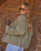 Olive quilted jacket with zip-front and long sleeves; close-up of back and shoulders.