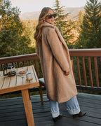 Cream teddy coat, long open front with side pockets, textured teddy fabric