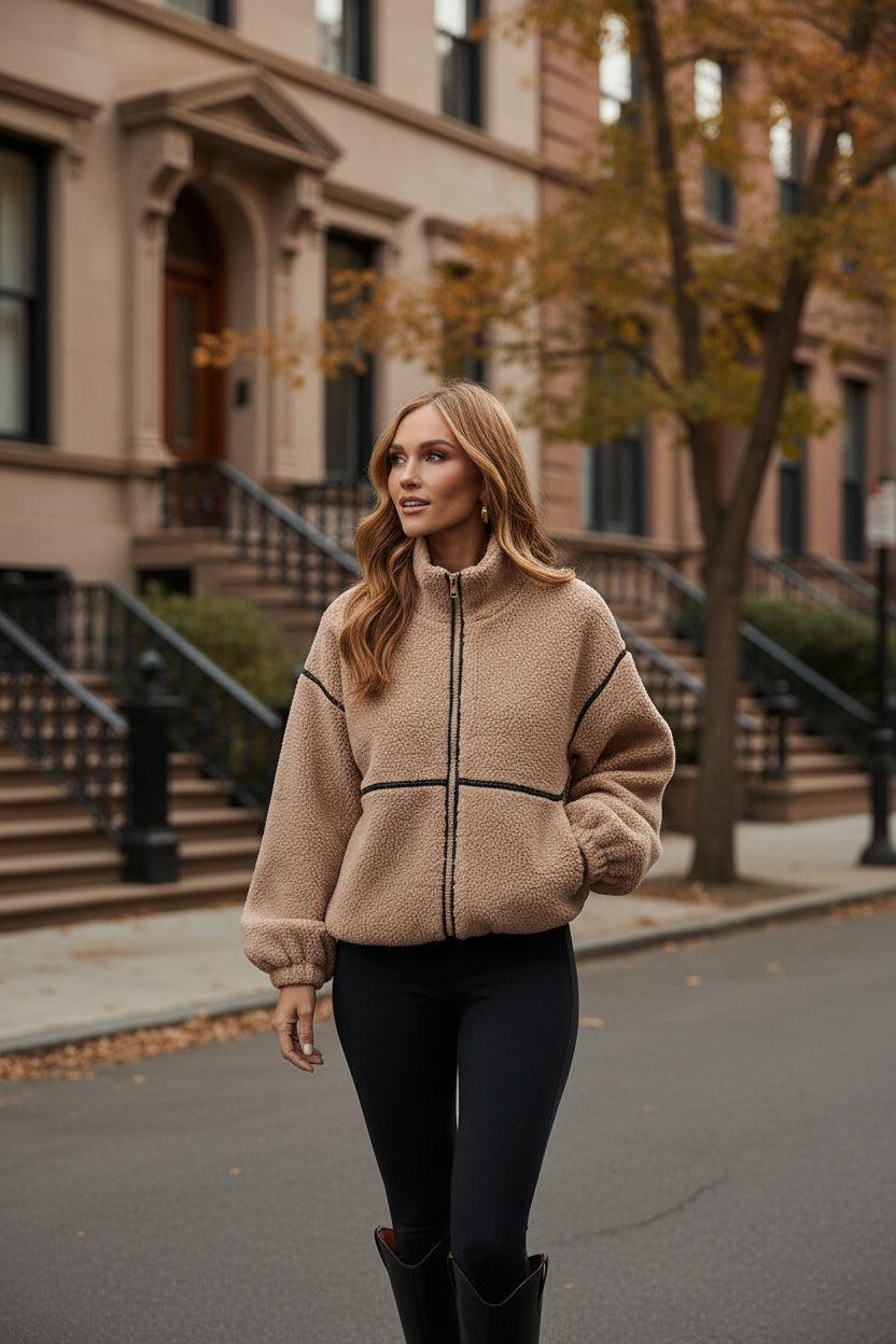 Tan shearling-style jacket with zip front and black contrast trim, long sleeves.