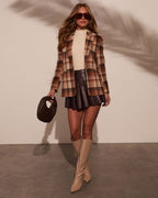 Women's plaid blazer with padded shoulders, tan and brown multi plaid, full-length view