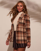 Women's plaid blazer with padded shoulders, tan and brown multi plaid, side profile