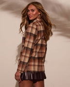 Women's plaid blazer with padded shoulders, tan and brown multi plaid, back three-quarter view