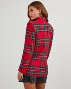 Back view of a red multi plaid blazer with padded shoulders and long sleeves.