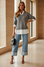 Grey V-neck pullover sweater with white contrast shirt hem and collar