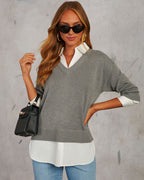 Grey V-neck contrast pullover sweater with white poplin shirt hem and collar