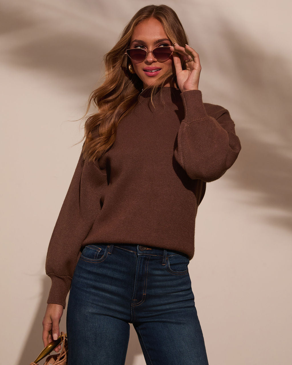 Chocolate mock neck sweater with long sleeves