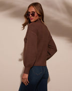 Mock neck sweater in dark brown, side view with long sleeves and ribbed knit hem