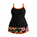 Plus size ribbed tankini shorts set, black top with orange trim and floral shorts