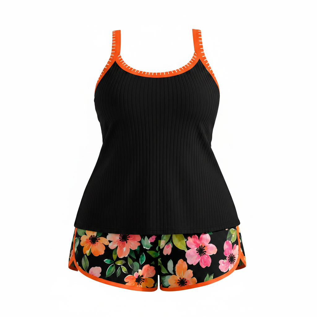 Plus size ribbed tankini shorts set, black top with orange trim and floral shorts