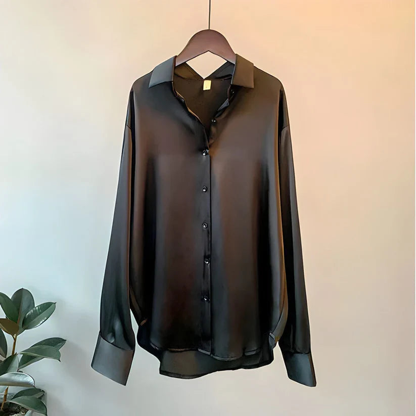 Women's satin silk blouse, long-sleeve button-up with pointed collar, dark gray-black