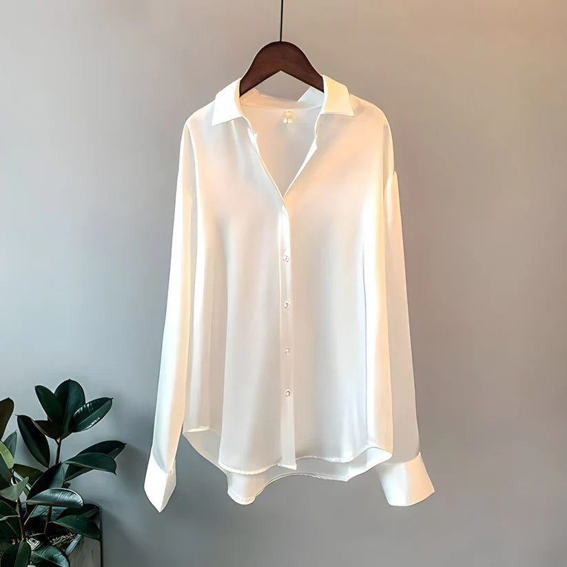 Women's satin silk blouse, long-sleeve button-up with pointed collar, white