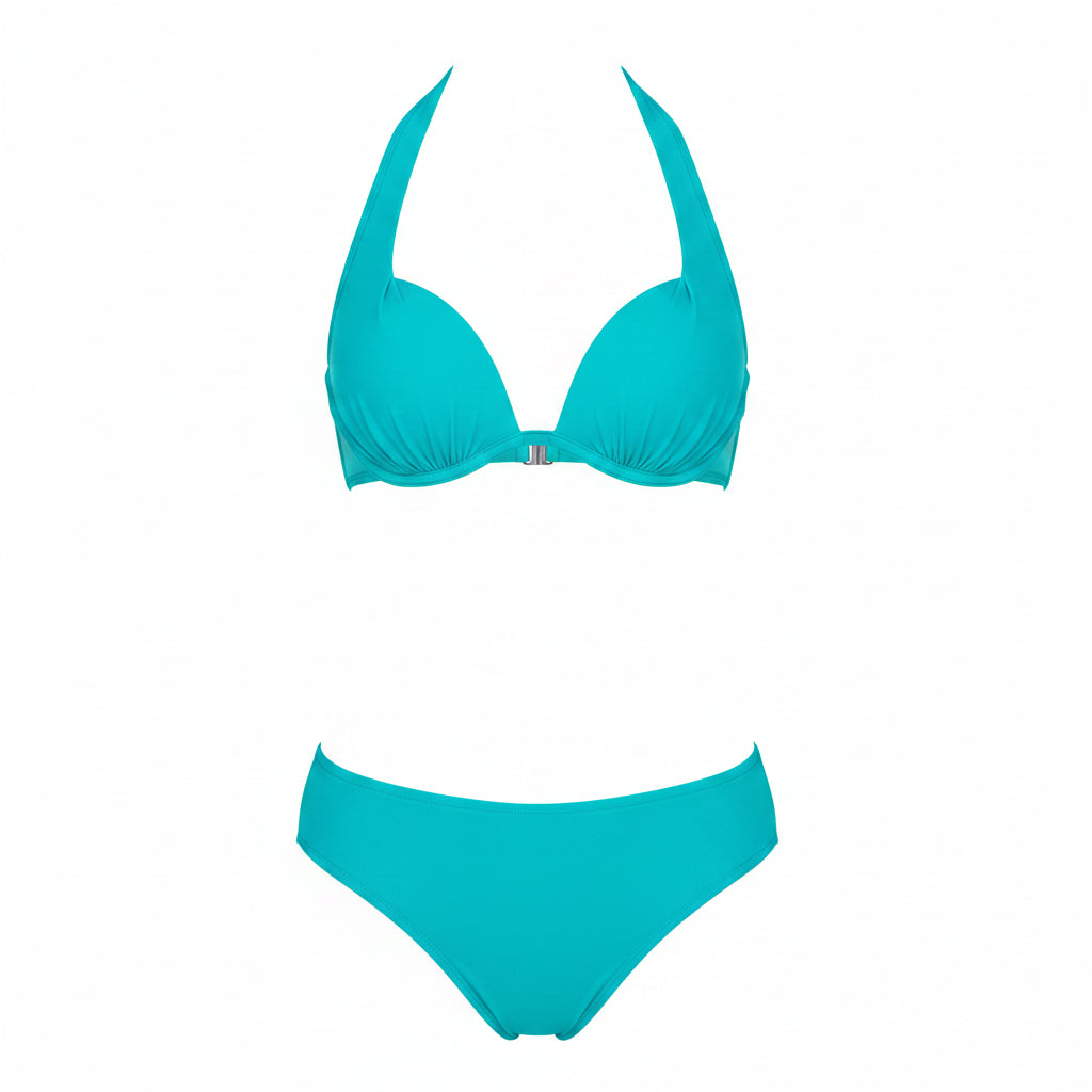 Women's mid-rise bikini bottom in aqua teal, flattering hip coverage